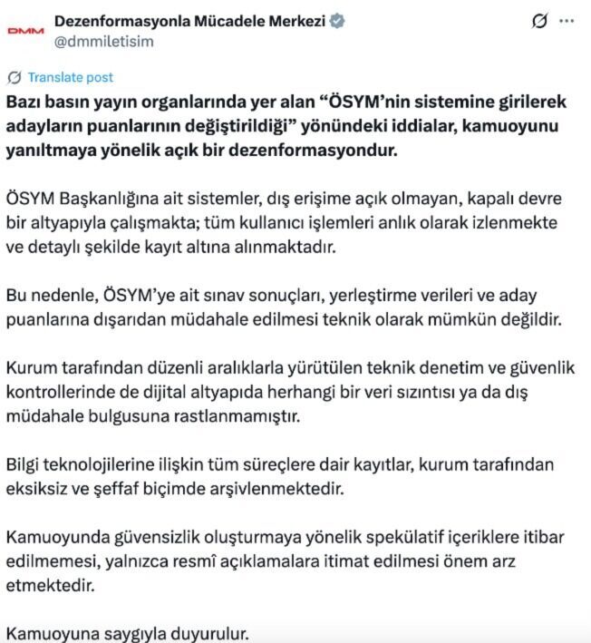 Dmm, Ösym Puan Değişikliği Iddialarını Yalanladı (1)-1