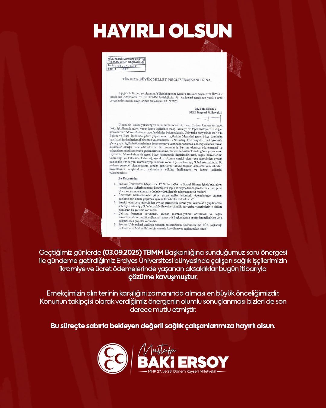 Baki Ersoy’un Önergesi Sonuç Verdi Erciyes Üniversitesi'nde Ödeme Krizi Çözüldü (1)