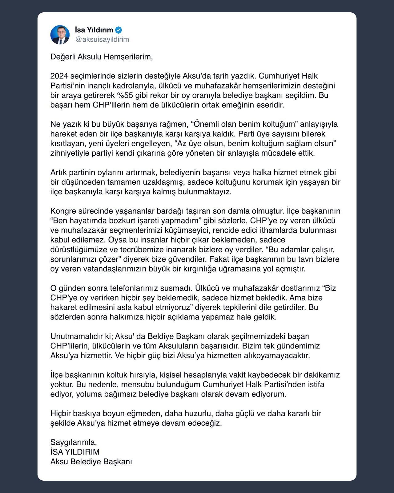 Belediye Başkanı İsa Yıldırım Chp’den Istifa Etti (2)