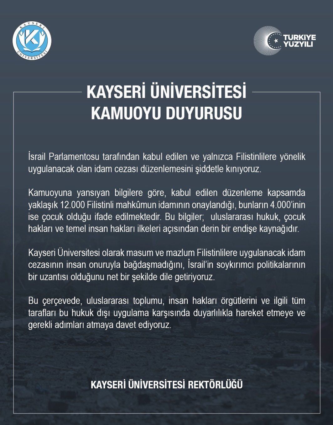 Kayseri Üniversitesi’nden Filistin Açıklaması (2)